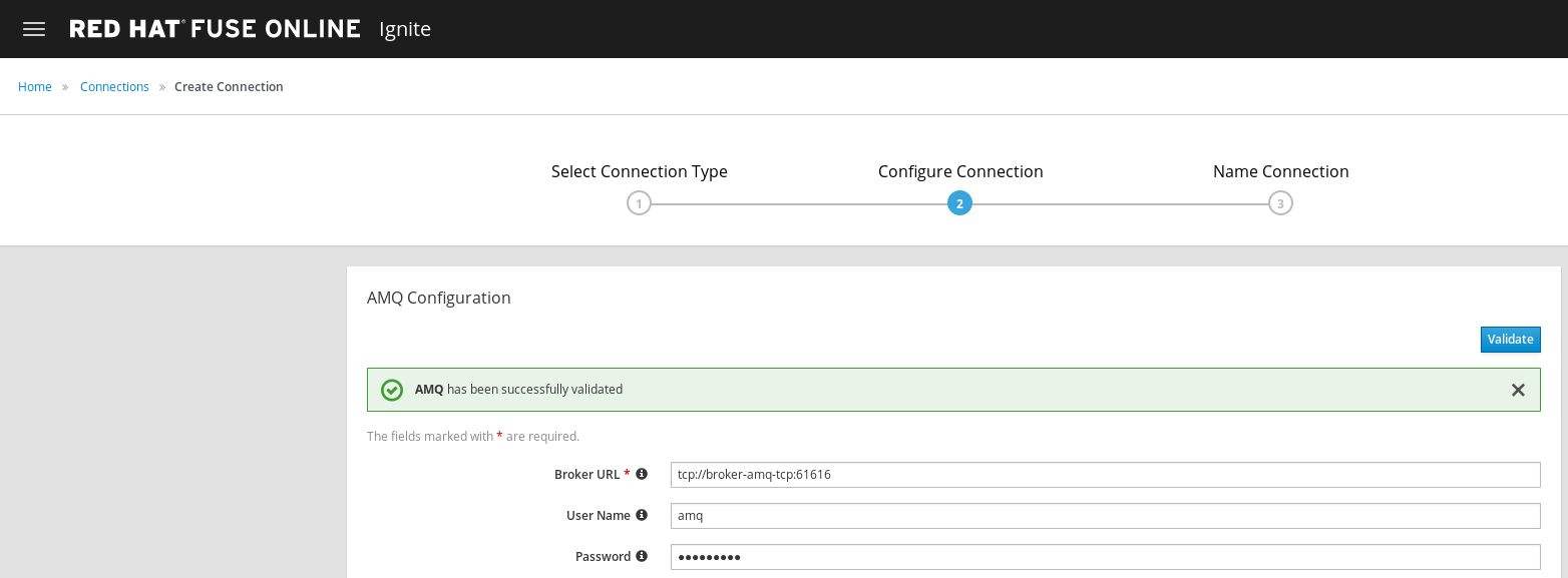 Fuse Online Connection AMQ validate